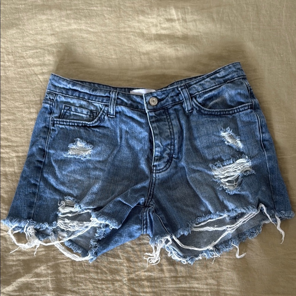 Blue Distressed Jean Shorts with Frayed Hem